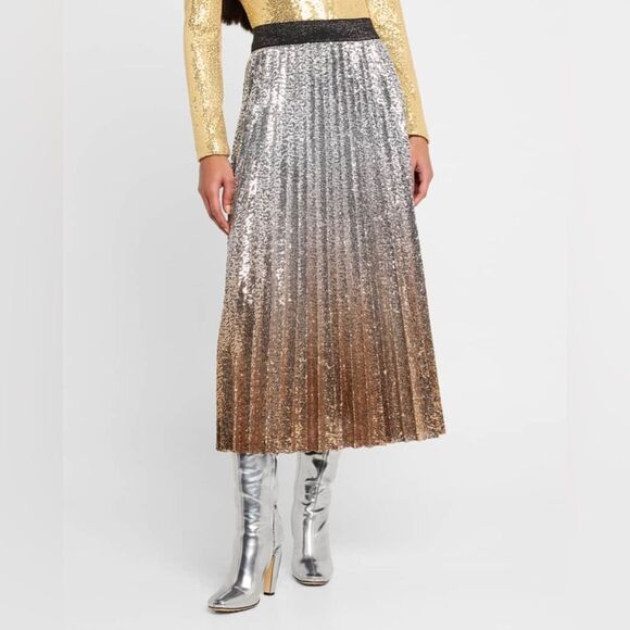 NWT Le Superbe Belinda Pleated Silver and Gold Sequined Midi Skirt Size Small - Picture 1 of 9